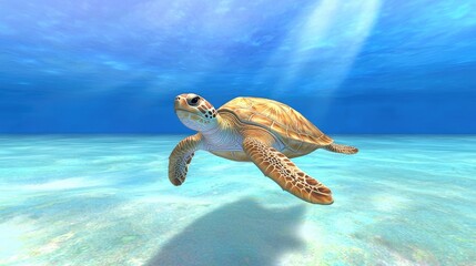 Obraz premium A graceful sea turtle gliding through clear blue waters, showcasing the beauty of marine life in its natural habitat.