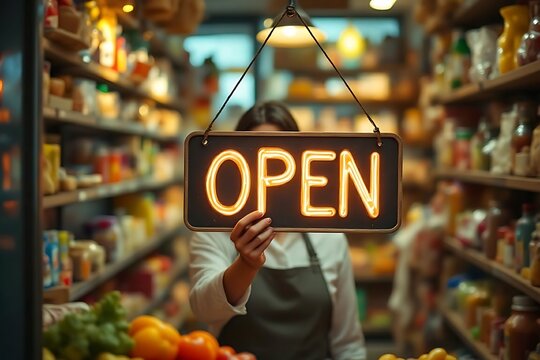 A grocery owner holding a hanging "OPEN" sign at a front door of warm lit store showing shelves filled with various packaged goods in the background