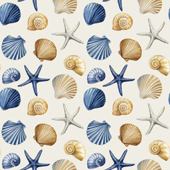 Watercolor seamless pattern with seashells starfish and marine elements in beige, blue tones. Summer beach ocean decor