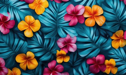 Lush floral pattern with pink, yellow, and orange blooms amidst teal monstera leaves.