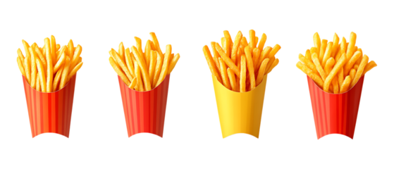 Pack of Fast Food French Fries set of Five Poses set Against Transparent Background for Food Delivery Branding, Restaurant Design, or Snack Packaging Projects