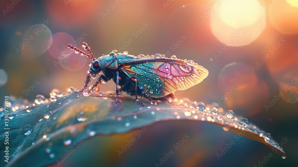 Poster an iridescent beetle perched on a leaf, with delicate dew drops sparkling around it, highlighting th