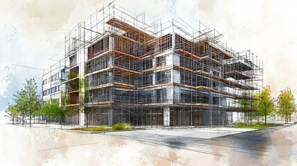 Building under construction with scaffolding and trees in a watercolor style illustration
