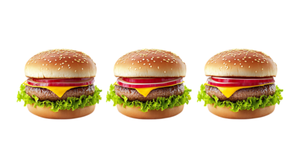 Pack of Ingredients for Hamburger set of Three Different Poses set Against Transparent Background for Food Branding, Recipe Promotion, or Culinary Design Projects
