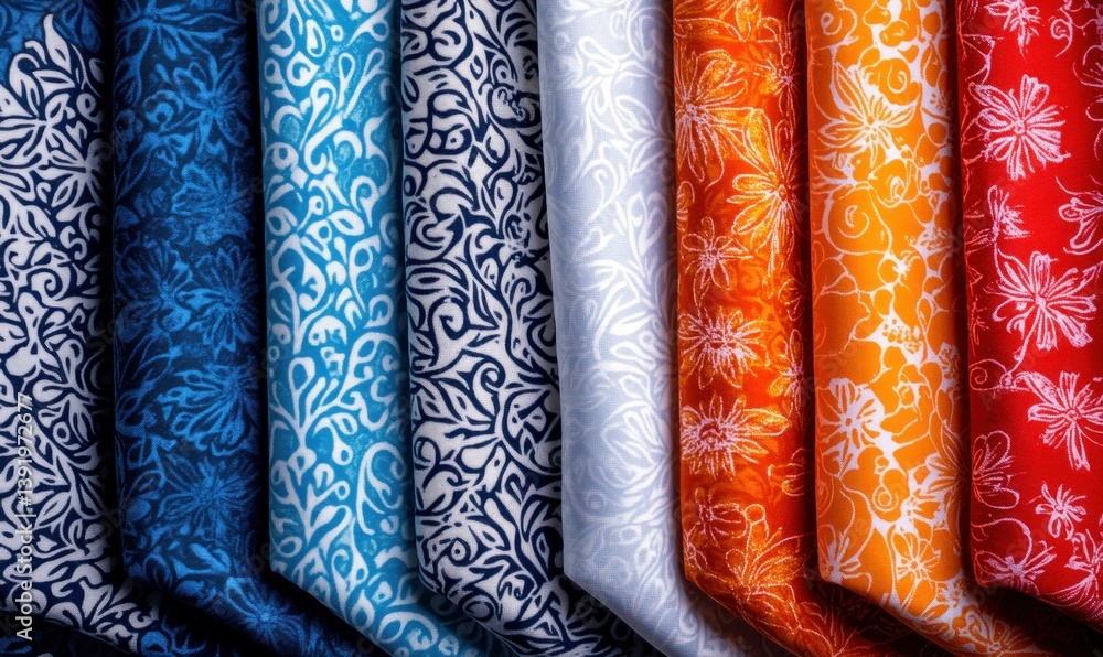 Poster a vibrant collection of patterned fabrics in various shades are neatly stacked and visually appealin