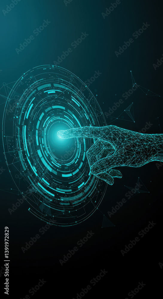 Poster futuristic touch: digital hand interacting with a glowing tech interface ? innovation, connection, a