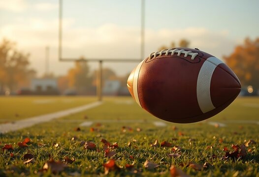 American football ball hovers on green grass bathed in warm golden sunset sky