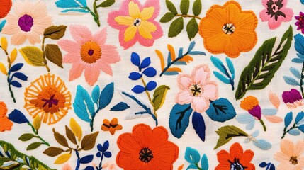 Close-up of vibrant Mexican embroidery with detailed floral and leaf designs in bright, bold colors like orange, pink, blue, and green on fabric.
