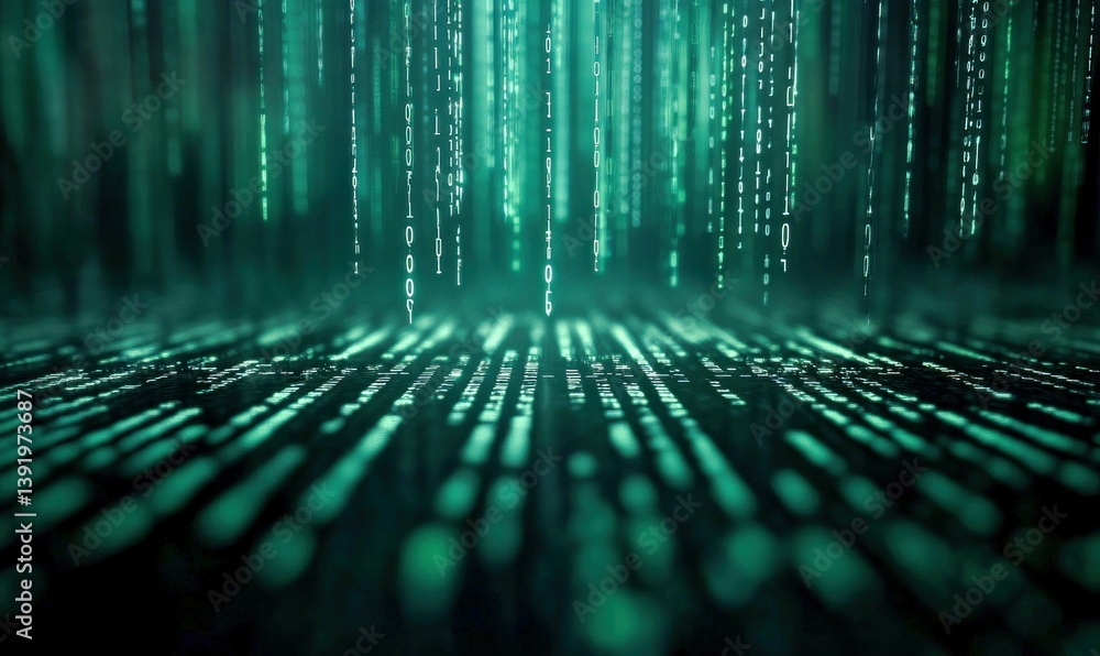 Poster green digital rain of binary code cascading down, representing data streams and cyber technology.