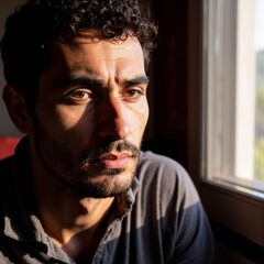 Fototapeta premium Pensive man gazing out the window in soft natural light 