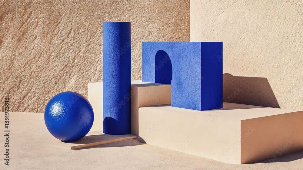 Poster cobalt blue objects placed creatively on a sand-colored background, showcasing an abstract and minim