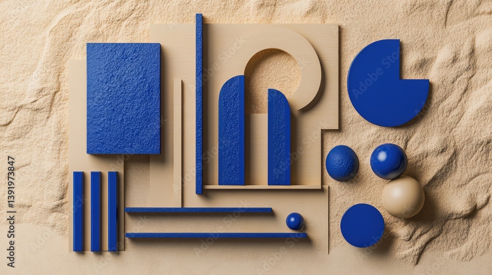 Aufkleber cobalt blue objects placed creatively on a sand-colored background, showcasing an abstract and minim