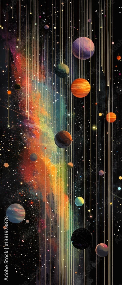 Poster a colorful nebula with planets and stars in a dark space background.