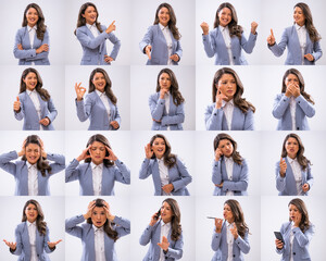 Collage of adult businesswoman portraits with variety of facial expressions.