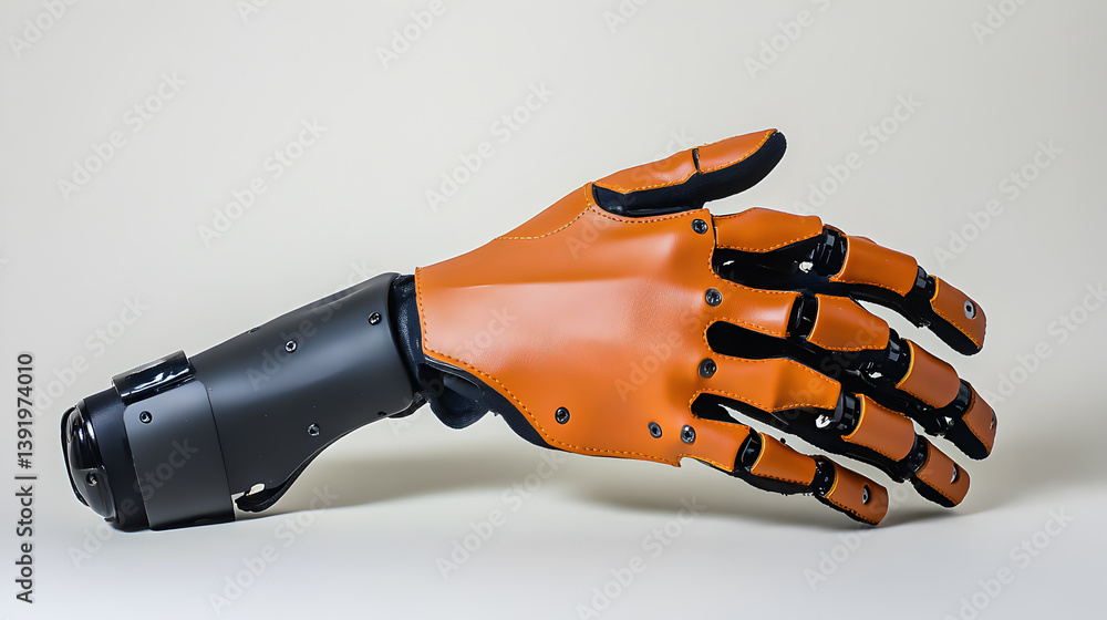 Poster a close-up view of a prosthetic hand. the mechanical hand with advanced design and functionality