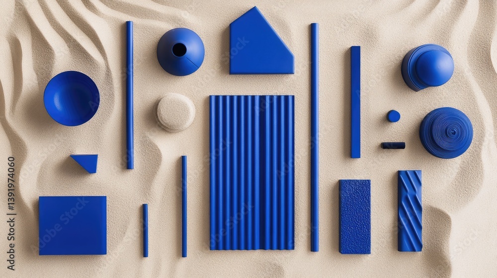 Poster Cobalt blue objects placed in a neat, minimalistic arrangement on a light sand-colored backdrop, perfect for a creative and clean aesthetic.