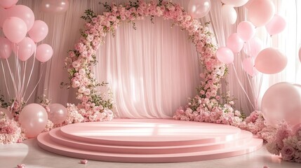 Elegant pink floral stage backdrop with balloons for special event celebration