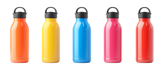 Pack of Insulated Water Bottle set of Five Different Poses set Against Transparent Background for Fitness, Outdoor, or Hydration Promotion Projects