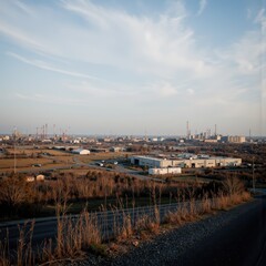 Obraz premium Industrial landscape under a blue sky at sunset 