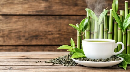 Steaming Cup of Green Tea with Bamboo on Wooden Background