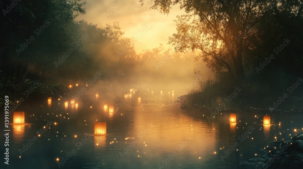 Poster floating lanterns illuminate a foggy river on a mystical night, with warm golden light enhancing the
