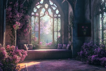 A gothic room adorned with floral blooms and beautiful arched windows