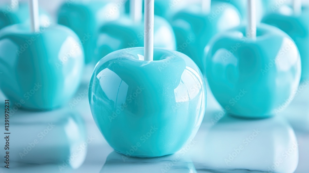 Poster Glossy turquoise candy apples arranged artfully on a marble surface, their soft reflections adding to the vibrant and delightful dessert display.