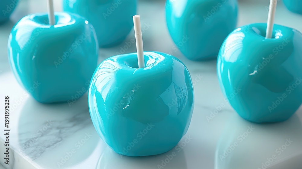 Poster glossy turquoise candy apples arranged artfully on a marble surface, their soft reflections adding t