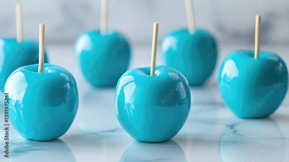 Poster Glossy turquoise candy apples arranged artfully on a marble surface, their soft reflections adding to the vibrant and delightful dessert display.