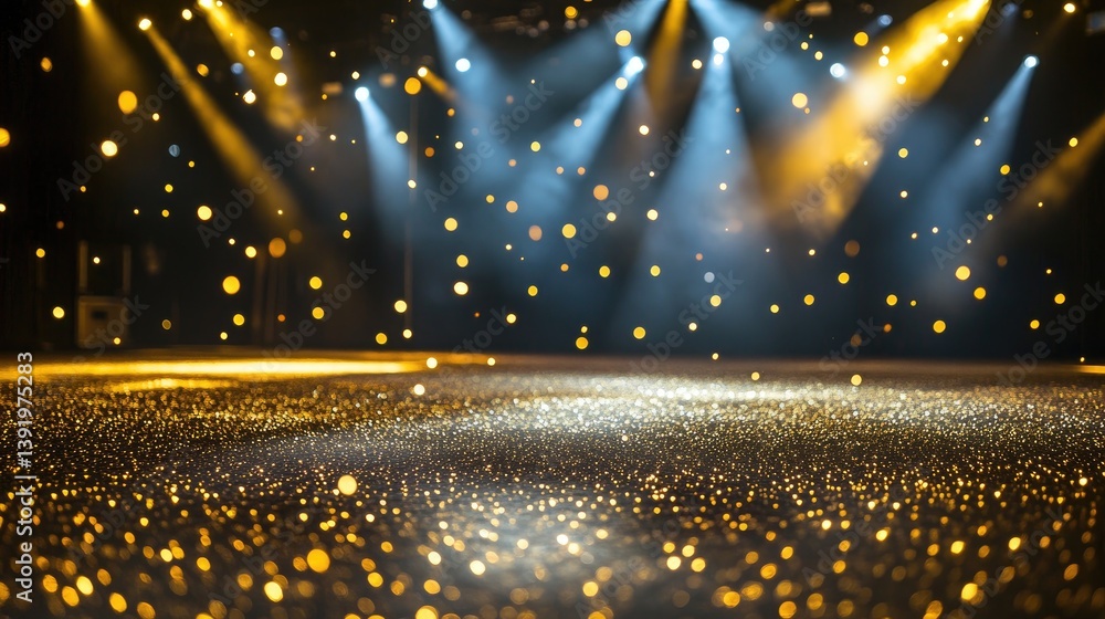 Poster Golden glitter lights on the floor, illuminated by dramatic stage lights, creating a dazzling and captivating atmosphere in a performance setting.