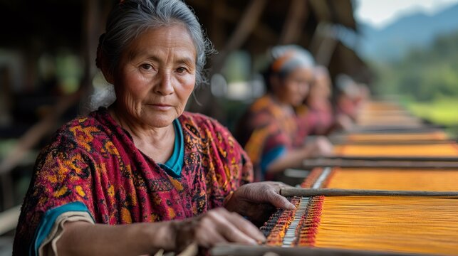 Indigenous woman weaving traditional textiles in guatemala