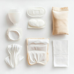 Baby skincare and hygiene products flat lay on white