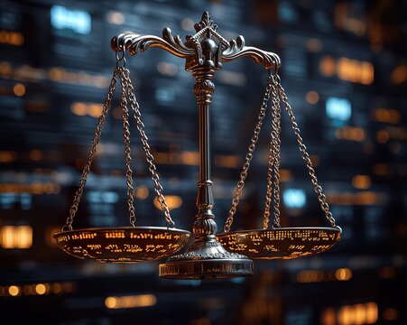 A digital balance scale weighing corporate stock values, dynamically shifting to reflect changing market capitalization in a high-tech setting.