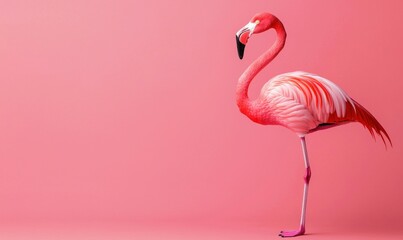 Fototapeta premium A vibrant pink flamingo stands tall against a matching monochrome backdrop, exuding tropical elegance.