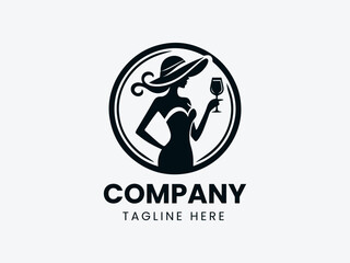 Elegant Woman Silhouette Hat Wine Glass Refined Beverage Vector Logo Design,  Refined Woman Wine Glass Logo