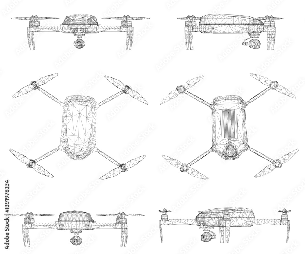 Poster the image is a series of drawings of a drone. the drawings are all different sizes and orientations,