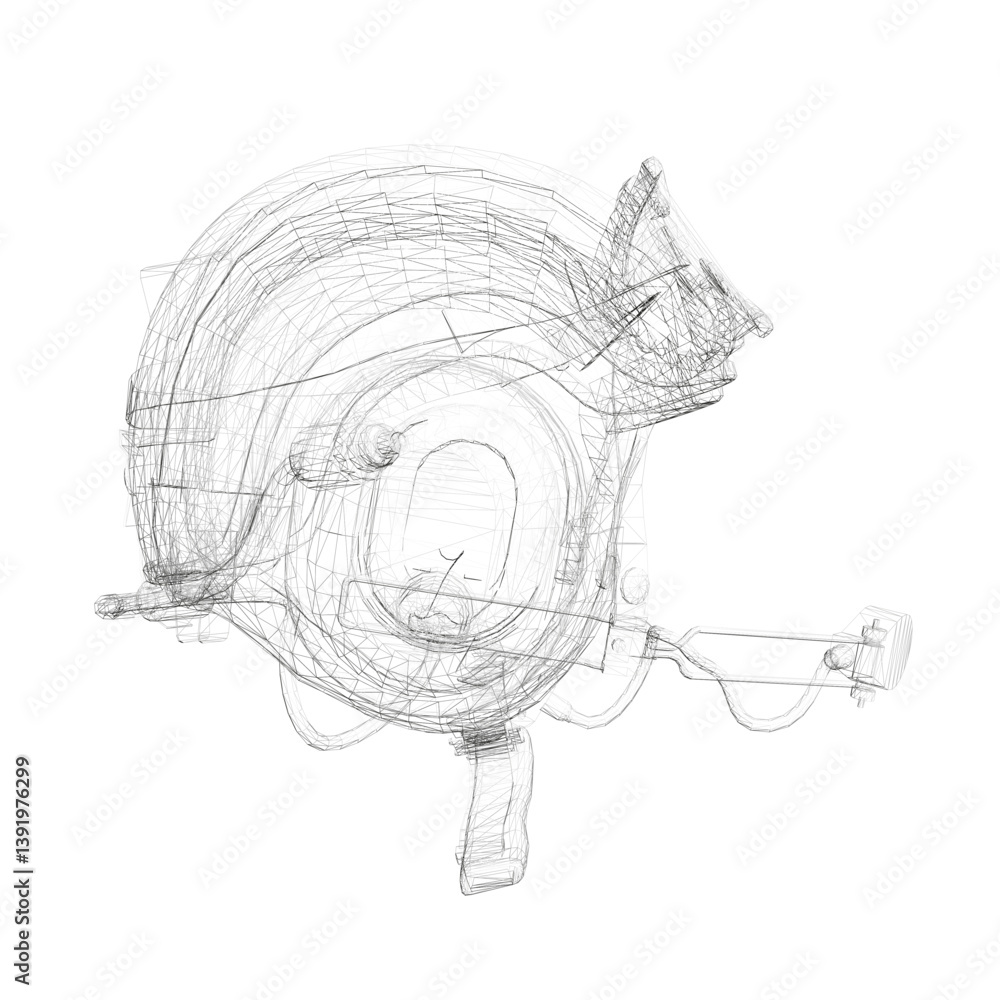 Poster a helmet with a microphone on it. the helmet is black and white. the helmet is designed for use in a