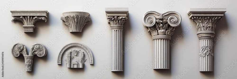 Aufkleber architectural elements: columns and capitals in a neutral color palette on a plain background.