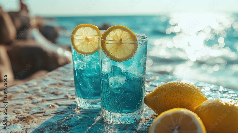 Poster Refreshing turquoise cocktails with lemon slices placed on a textured table by the seaside, capturing the essence of a stylish and relaxing summer experience.