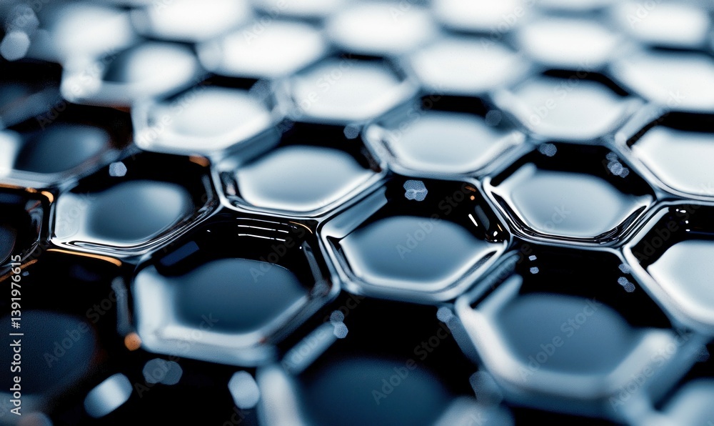 Poster close-up of a shiny, blue honeycomb pattern with its repeating hexagons creates an abstract design.