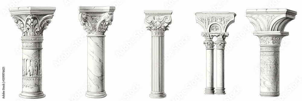 Poster five architectural columns with different capital designs in a row.