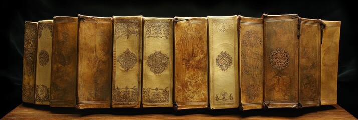 A row of old books with brown covers sits on a shelf.
