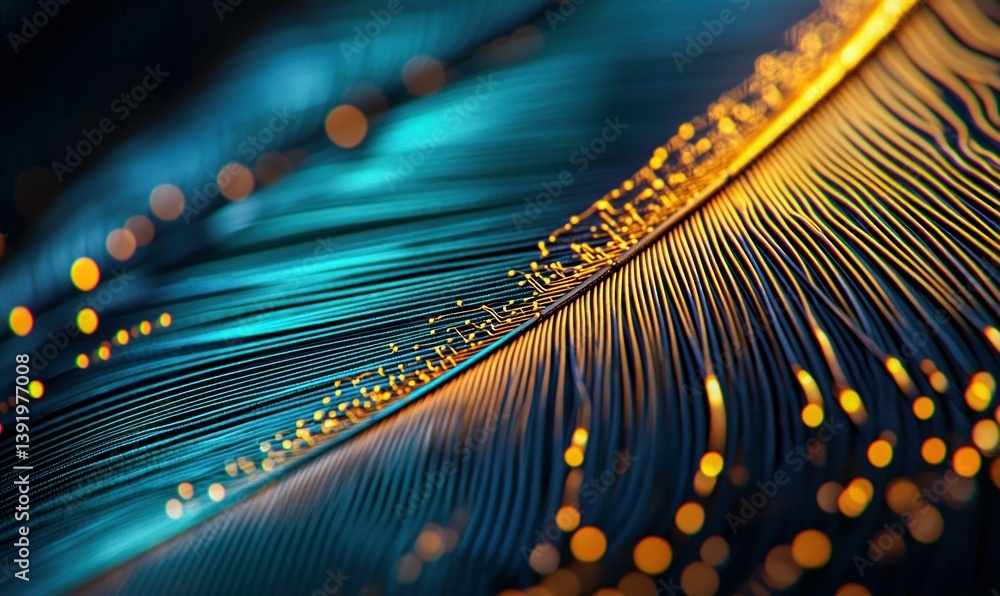 Poster an abstract feather displays intricate circuit patterns illuminated with golden light on a gradient 
