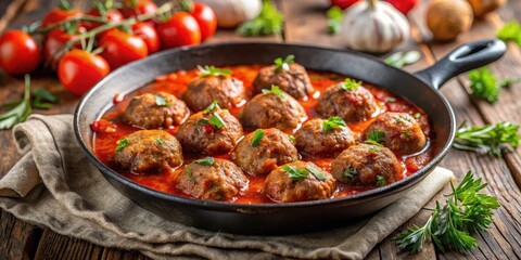 Hearty meatballs simmering in a rich tomato sauce atop a cast iron skillet, surrounded by savory aromas and warm golden light , tomato sauce, cast iron skillet