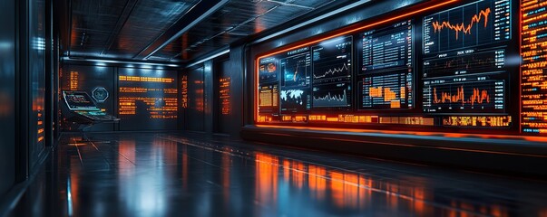 A conceptual futuristic monetary policy control room, featuring a holographic financial dashboard displaying real-time economic indicators and AI-driven decisions.