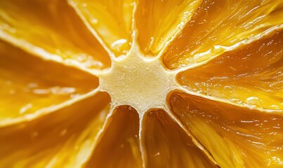 A macro shot captures the striking details of a fresh orange, highlighting its vibrant color and juicy texture.