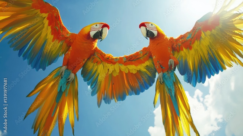 Poster two colorful macaws in mid-flight against a clear blue sky, displaying their vibrant feathers in an 