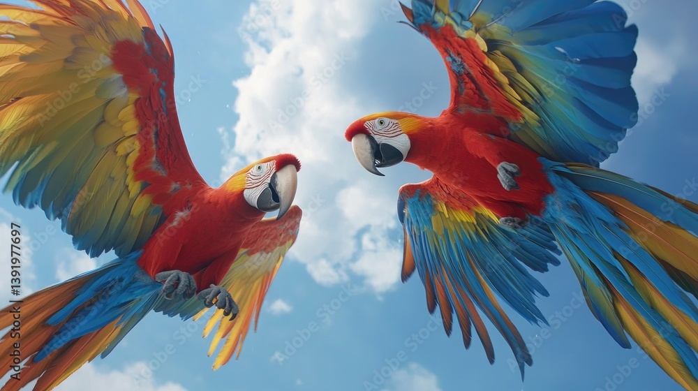 Poster two colorful macaws in mid-flight against a clear blue sky, displaying their vibrant feathers in an 