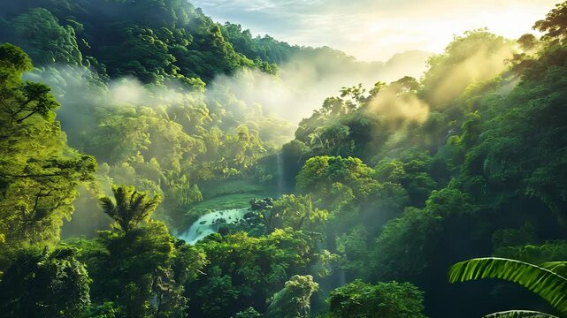 The misty jungle with sun shining through the trees. Foggy forest with a foggy forest and a jungle panorama. A 3d illustration of a dark and natural landscape. The foggy forest lifestyle with.