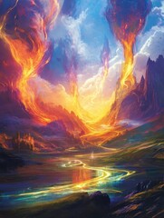 Colorful sky with clouds and a river reflecting the light.